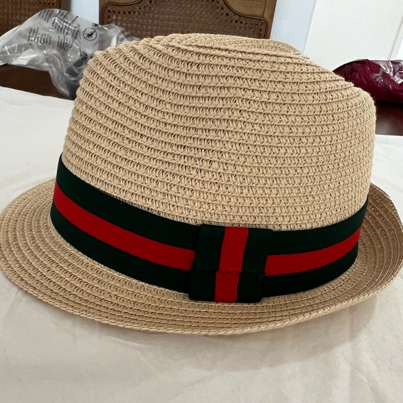 No Label Accessories - Straw Fedora with Red and Green Band